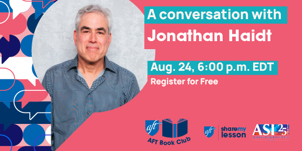 Photo of Jonathan Haidt with the words "A conversation with Jonathan Haidt Aug. 24, 6pm"