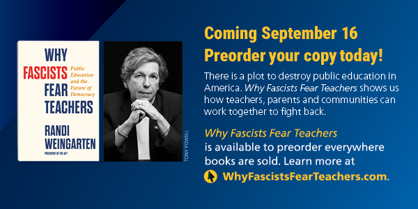 Randi Weingarten looking at the camera, with her book