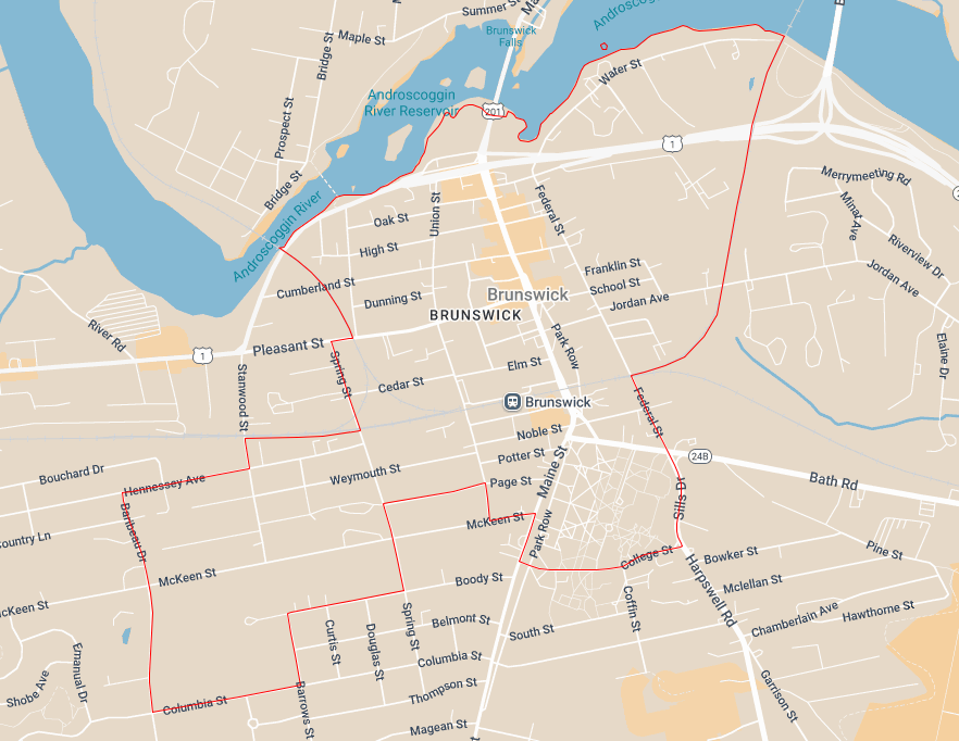A simple map of downtown Brunswick, Maine with a red outline showing the area of council District 6.