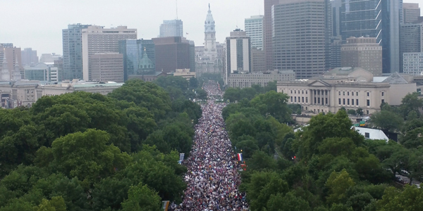 A view from above a New York City street packed with protesters
