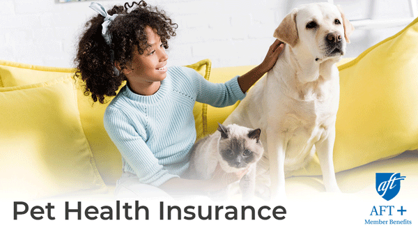 Young girl petting a cat and a dog with the words "Pet Health Insurance"