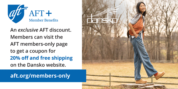 A fashionable young woman walking outdoors with words about discounts for Dansko shoes