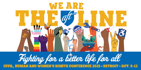 Graphic of different colored hands holding a variety of objects, with the words "We are the line: Fighting for a better life for all!"