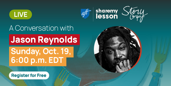 Headshot of Jason Reynolds with words "A conversation with Jason Reynolds"