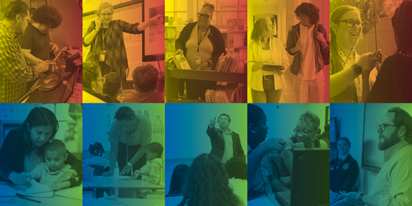 Colorful photo collage of members at work 