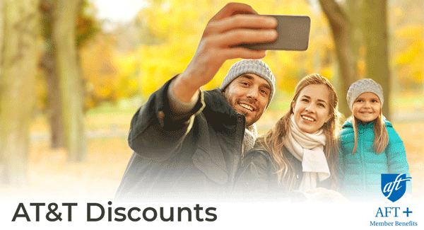 Man taking a selfie with a woman and a child, with the words, "AT&T Discounts"