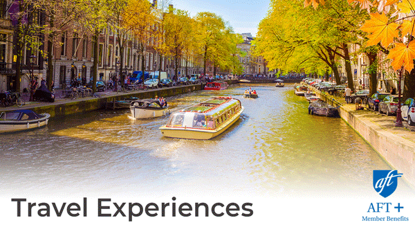 A tree-lined canal with tourist barges on it, and the words "Travel Experiences"