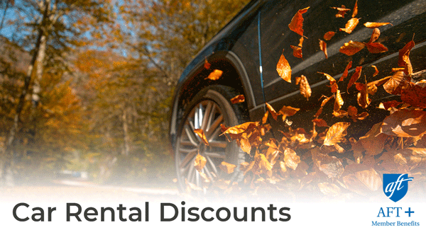 View of a car wheel with fall leaves flying up behind it and the words "Car Rental Discounts" View of a car wheel with fall leaves flying up behind it and the words "Car Rental Discounts"