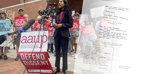 Photo collage of AAUP protest with "Defend Dissent" sign, and papers regarding pardons Photo collage of AAUP protest with "Defend Dissent" sign, and papers regarding pardons