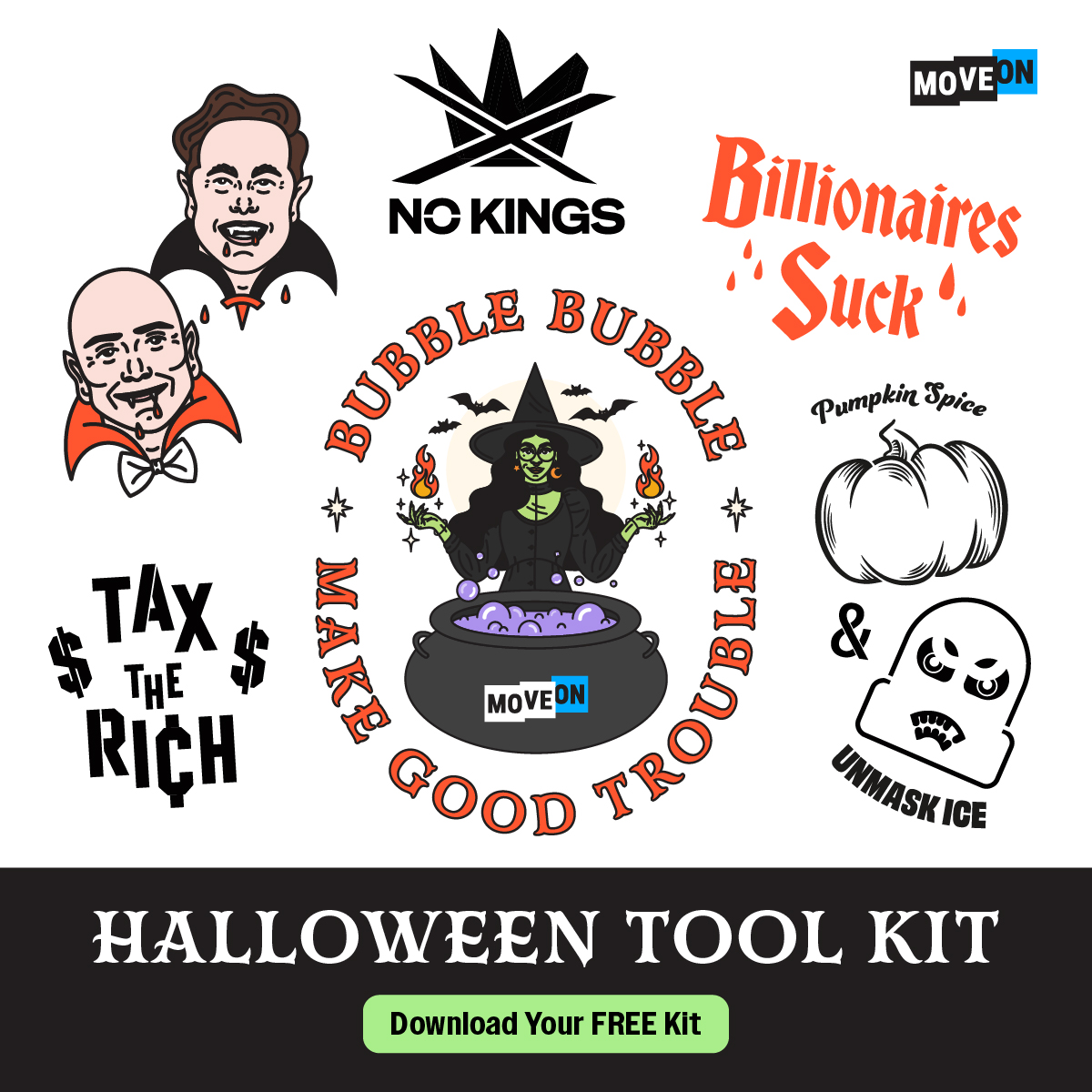 Various designs for Halloween with text, "Halloween Tool Kit Download Your FREE Kit"