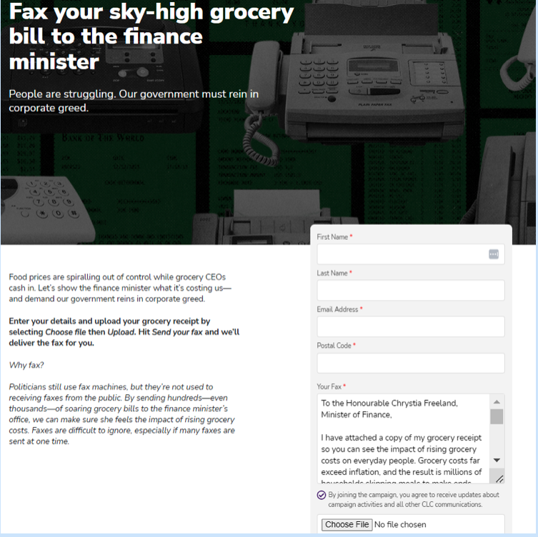 Image: A webpage urging users to fax their grocery receipts to the finance minister, featuring a form for personal details and receipt upload, set against a background of fax machine images. 