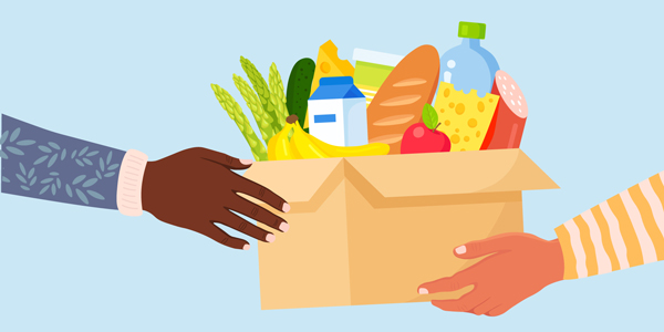 Illustration of hands sharing a box of groceries