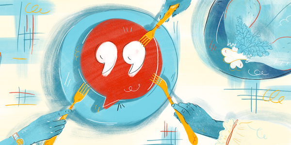 Illustration of a dinner plate with quotation marks on it
