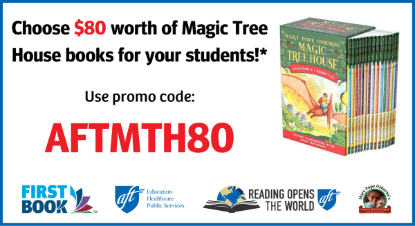 A set of Magic Tree House books with a promo code AFTMTH80, for $80 of books