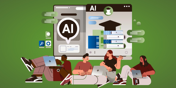 Drawing of young people working in a group, with AI images in the background