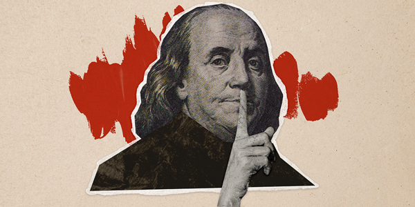 The portrait of BEnjamin Franklin from the $100 bill making a "shush" sign with his finger The portrait of BEnjamin Franklin from the $100 bill making a "shush" sign with his finger