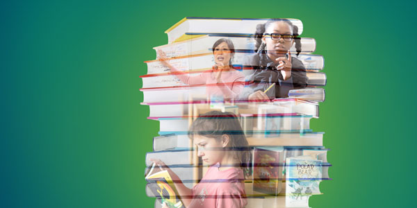 a twisted stack of books with photos of students and teachers imposed on it.