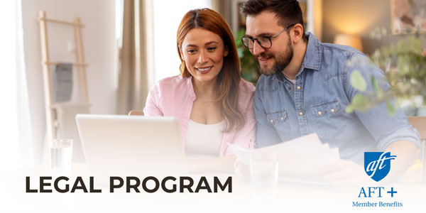 A young woman and man looking at a computer together, smiling with the words "Legal Program" A young woman and man looking at a computer together, smiling with the words "Legal Program"