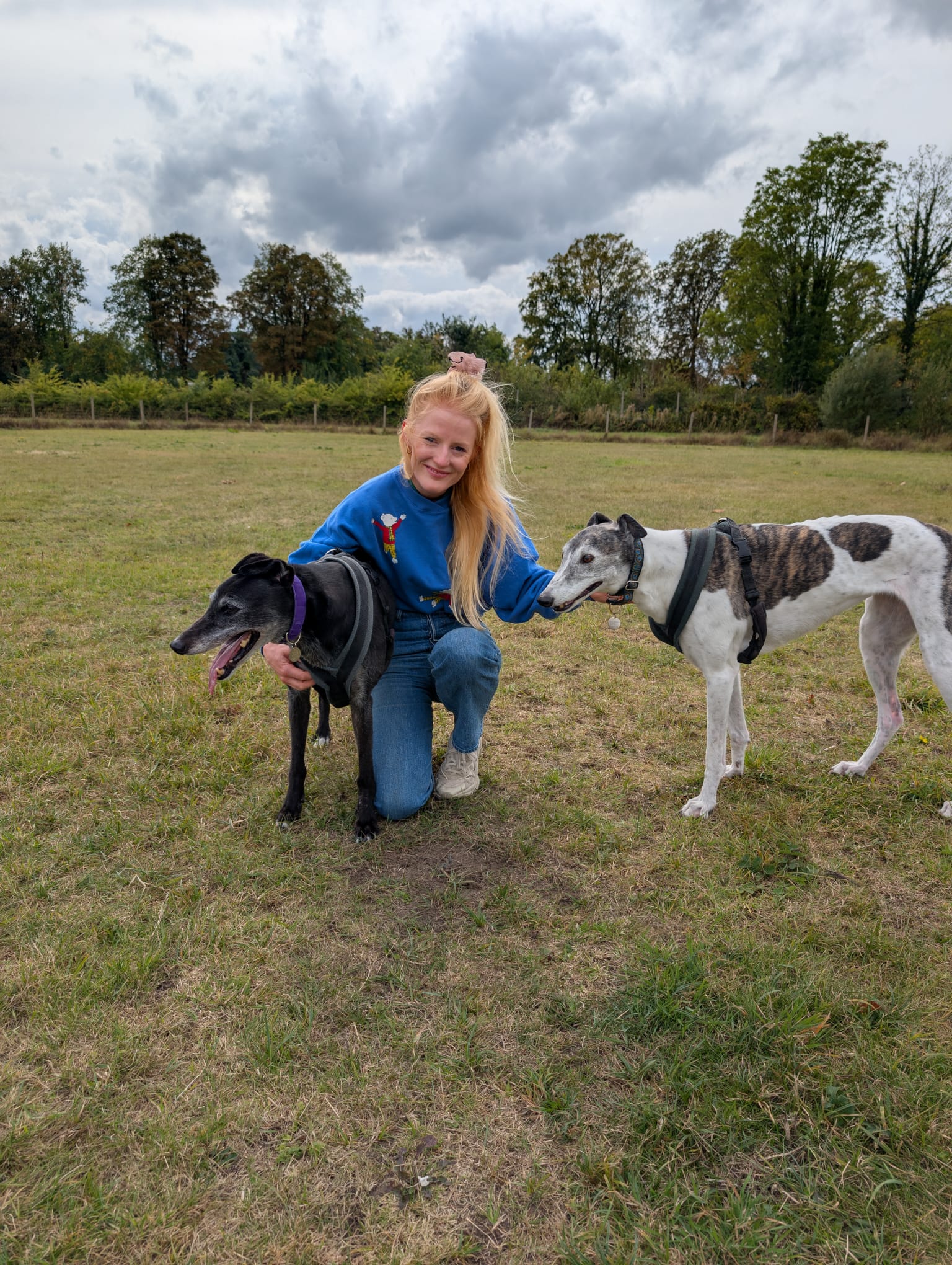 Hannah with kneeling down with two of her greyhounds, Olive (who is black) and Elsie (who is speckled brindle and white)