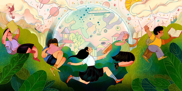 Colorful illustration with children reading