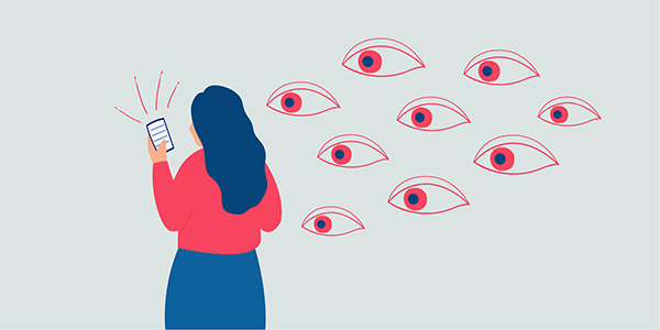 Drawing of a person looking at a phone, with multiple eyes looking over their shoulder