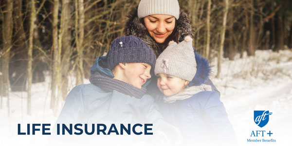 A woman hugging two children in a snowy scene with the words "Life Insurance"