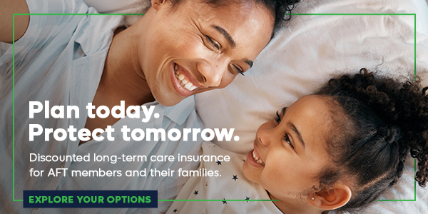 Woman smiling with a child with the words "Plan today. Protect tomorrow. long term care insurance"