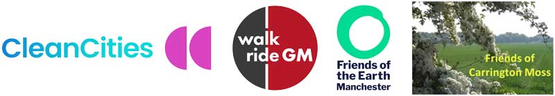 Logos of Clean Cities, Manchester Friends of the Earth, Walk Ride GM and Friends of Carrington Moss