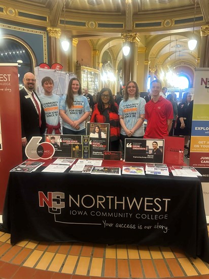 Senator Hardman standing with students and staff representatives from Northwest Iowa Community College in the Capitol Rotunda on Community College Day on the Hill.