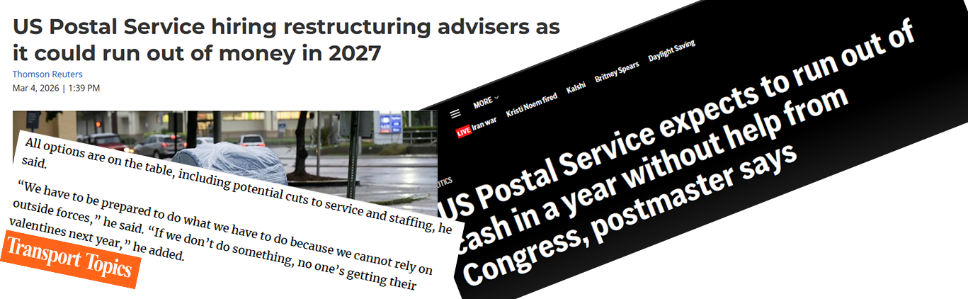 Headlines about the Postal Service's impending liquidity crisis.