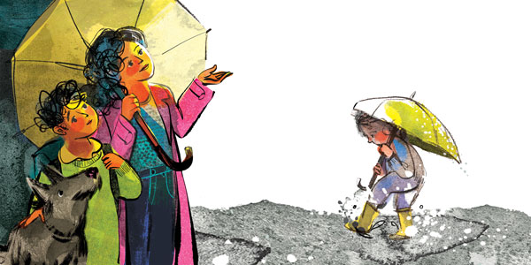 A woman, child and pet under an umbrella, another child under an umbrella in the distance 