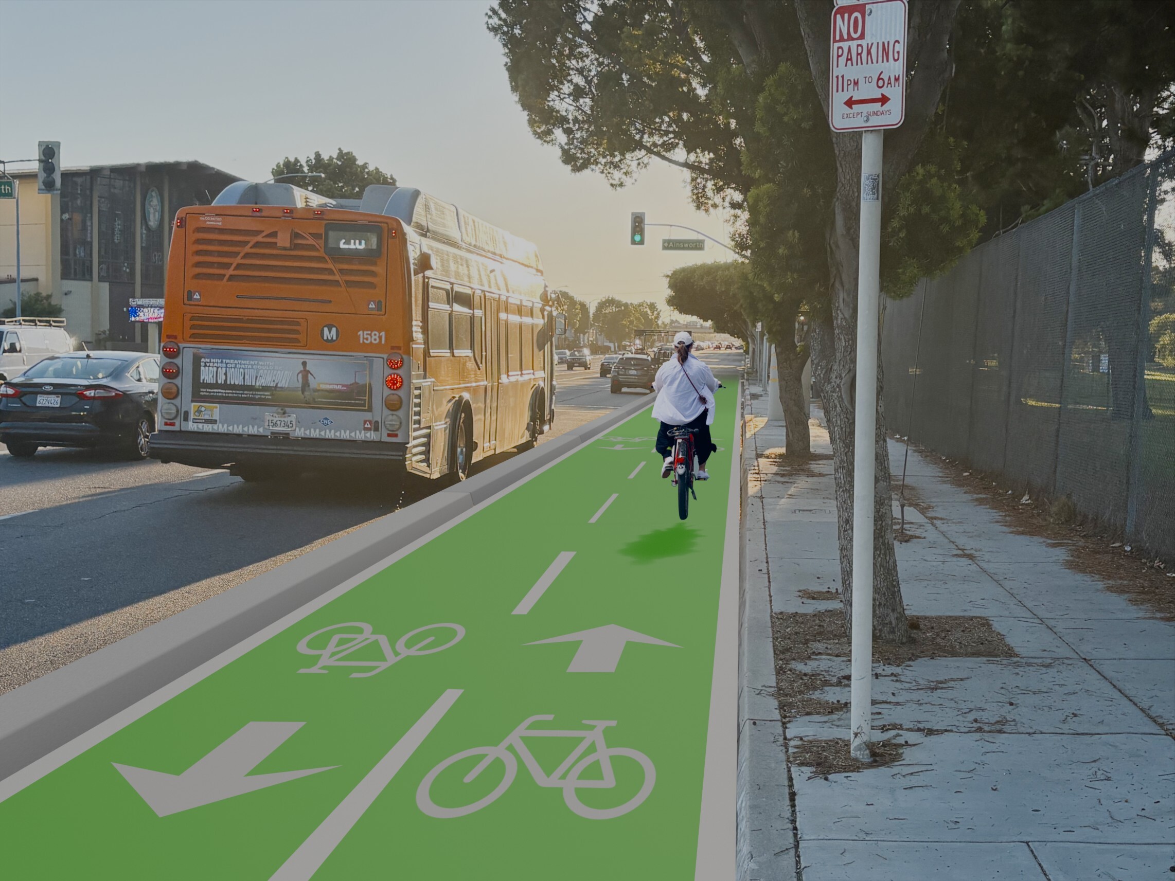 Render of proposed bike path along Redondo Beach Blvd next to Alondra Park