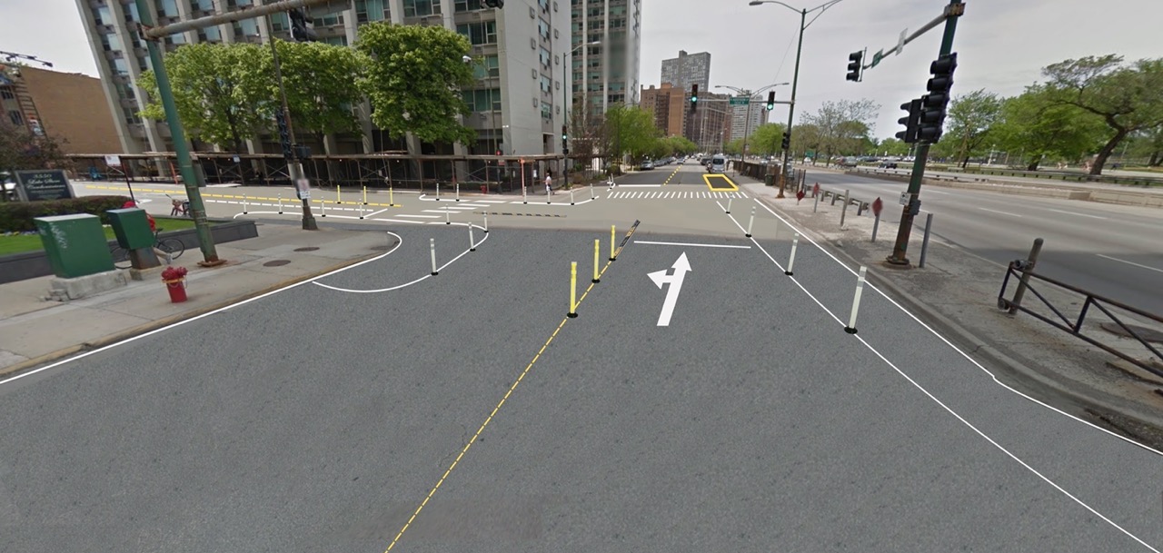 Rendering of the Addison and Inner Lake Shore Drive intersection with safe streets infrastructure Lakeview Urbanists is advocating for along the corridor, including paint and post bump-outs, left-turn traffic calming, and a bus bulb.
