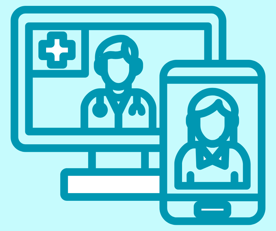 Simple line graphic of a doctor on a computer monitor screen and patient on a phone handset screen Simple line graphic of a doctor on a computer monitor screen and patient on a phone handset screen
