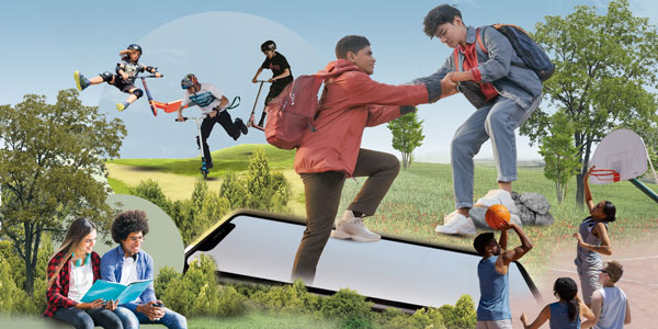 An artist rendering of children playing on a grass field.