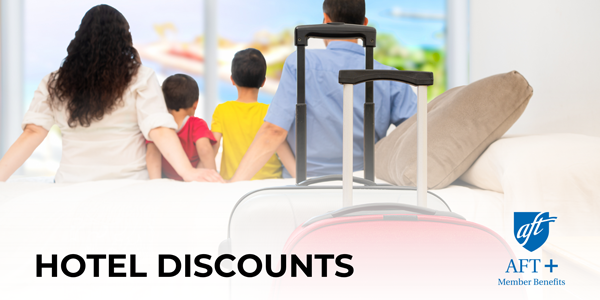 A graphic of a family sitting on a hotel bed. Their luggage rests on the other side of the bed.