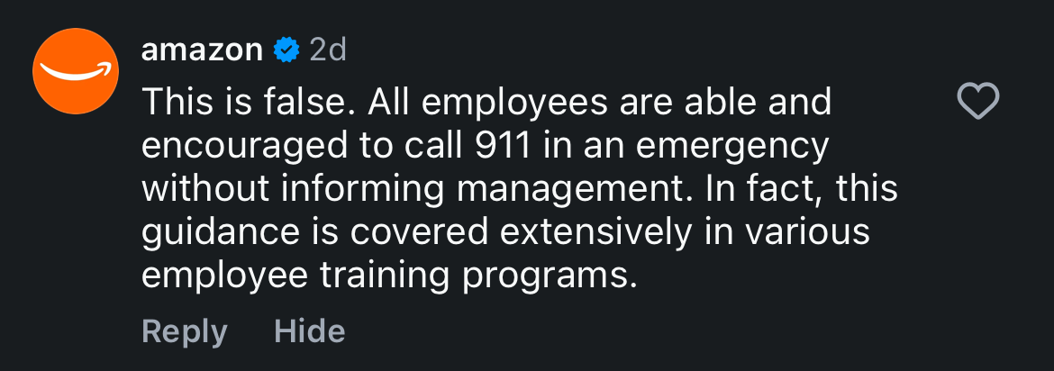 Instagram comment where Amazon disputes workers' claim that they are forbidden to call 911 at work