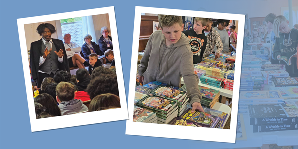 A graphic that shows two images of students in a classroom. 