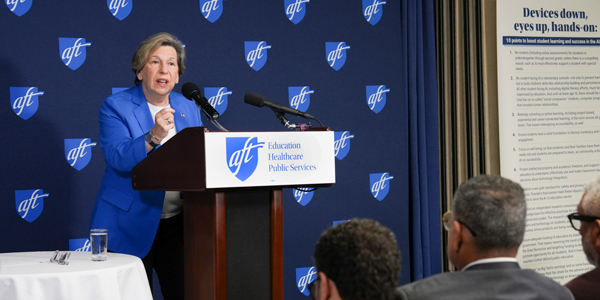 Randi Weingarten at a podium. Randi Weingarten at a podium.