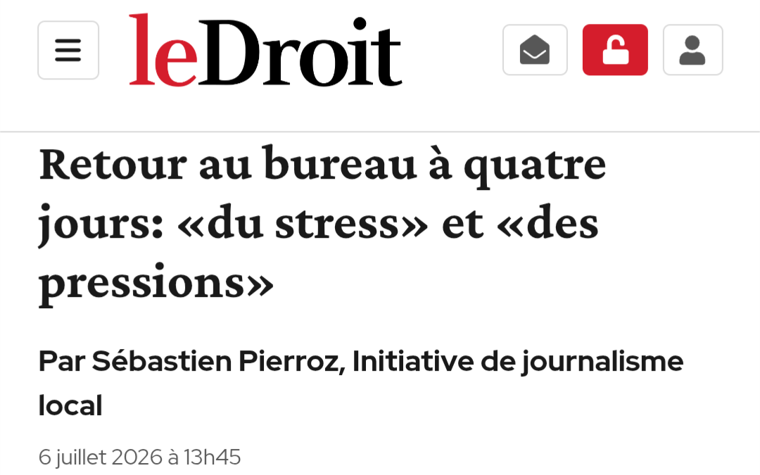 Capture d’écran d’un article d’ICI Radio-Canada Info portant sur le retour des fonctionnaires fédéraux au bureau quatre jours par semaine. Capture d’écran d’un article d’ICI Radio-Canada Info portant sur le retour des fonctionnaires fédéraux au bureau quatre jours par semaine.