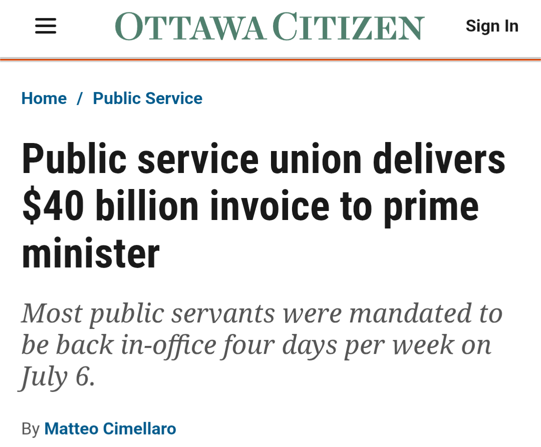 Screenshot of an Ottawa Citizen article reporting that a public service union delivered a symbolic $40 billion invoice to the Prime Minister during CAPE’s July 6 campaign event. Screenshot of an Ottawa Citizen article reporting that a public service union delivered a symbolic $40 billion invoice to the Prime Minister during CAPE’s July 6 campaign event.