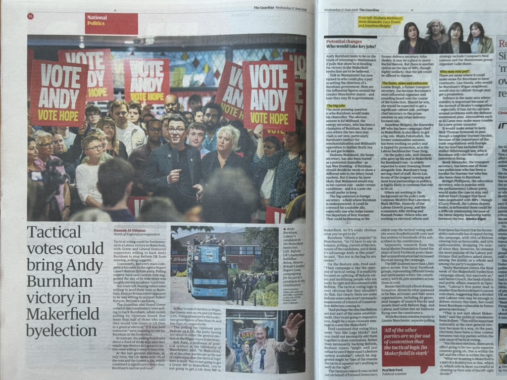 The Guardian, 17 June 2026 – Tactical votes could bring Andy Burnham victory in Makerfield byelection