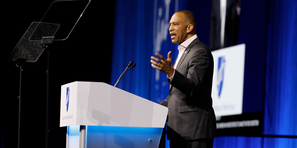House Minority Leader Hakeem Jeffries speaks to the AFT convention. House Minority Leader Hakeem Jeffries speaks to the AFT convention.
