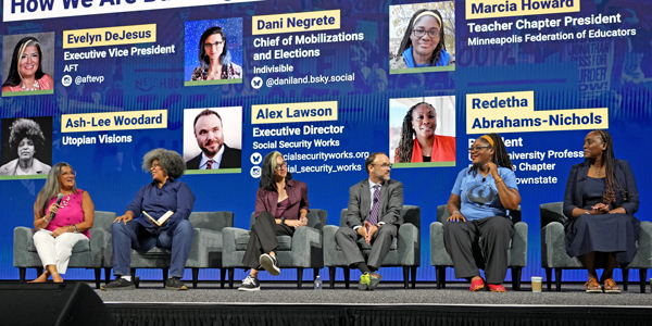 AFT Executive Vice President Evelyn DeJesus hosts a panel on building people power. AFT Executive Vice President Evelyn DeJesus hosts a panel on building people power.