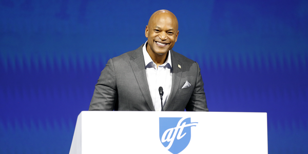 Maryland Gov. Wes Moore addresses the AFT convention from behind the podium. Maryland Gov. Wes Moore addresses the AFT convention from behind the podium.