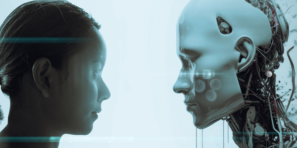 Graphic of a woman facing a robot. Graphic of a woman facing a robot.