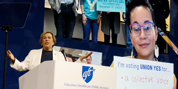 AFT President Randi Weingarten gestures while delivering the State of the Union speech from behind the podium at the AFT's national convention. She is wearing a white suit and standing in front of a backdrop of photos of union members. AFT President Randi Weingarten gestures while delivering the State of the Union speech from behind the podium at the AFT's national convention. She is wearing a white suit and standing in front of a backdrop of photos of union members.