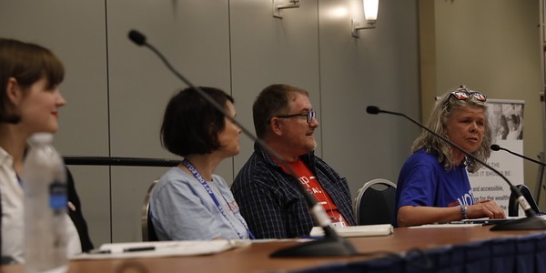 Four panelists speak about organizing to protect higher education. Four panelists speak about organizing to protect higher education.