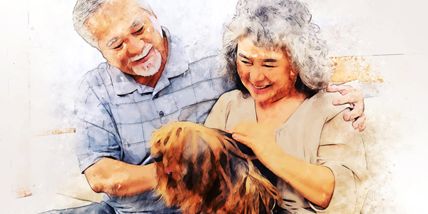 Illustration of older couple with a dog Illustration of older couple with a dog